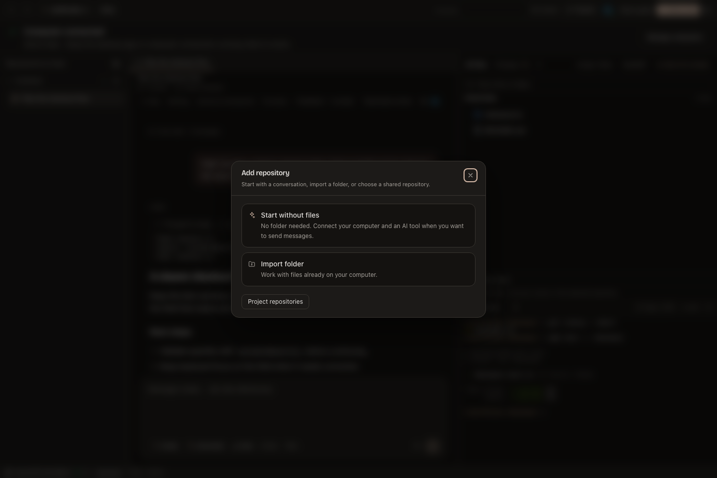 The Add repository dialog offering a conversation space, folder import, and project repositories.