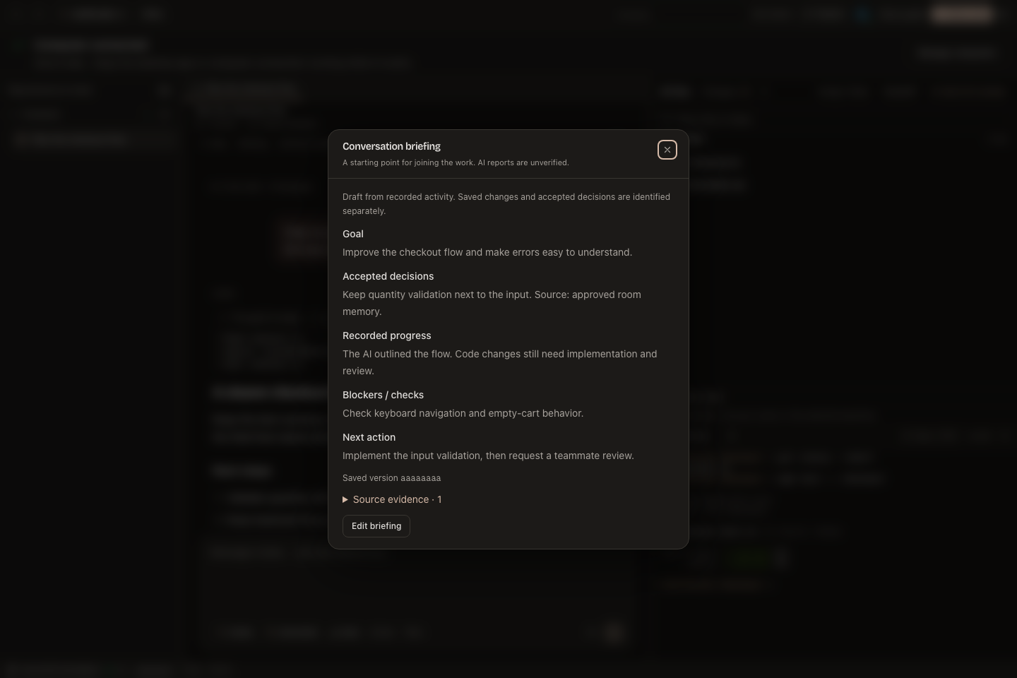 An expanded conversation briefing with its goal, decisions, progress, checks, and next action.