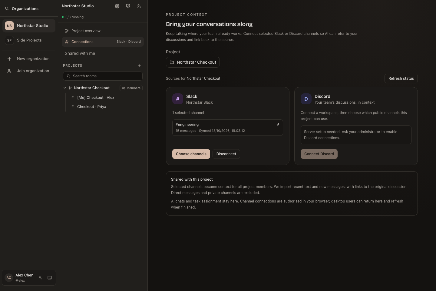 The Connections page with project selection and Slack/Discord connection controls.
