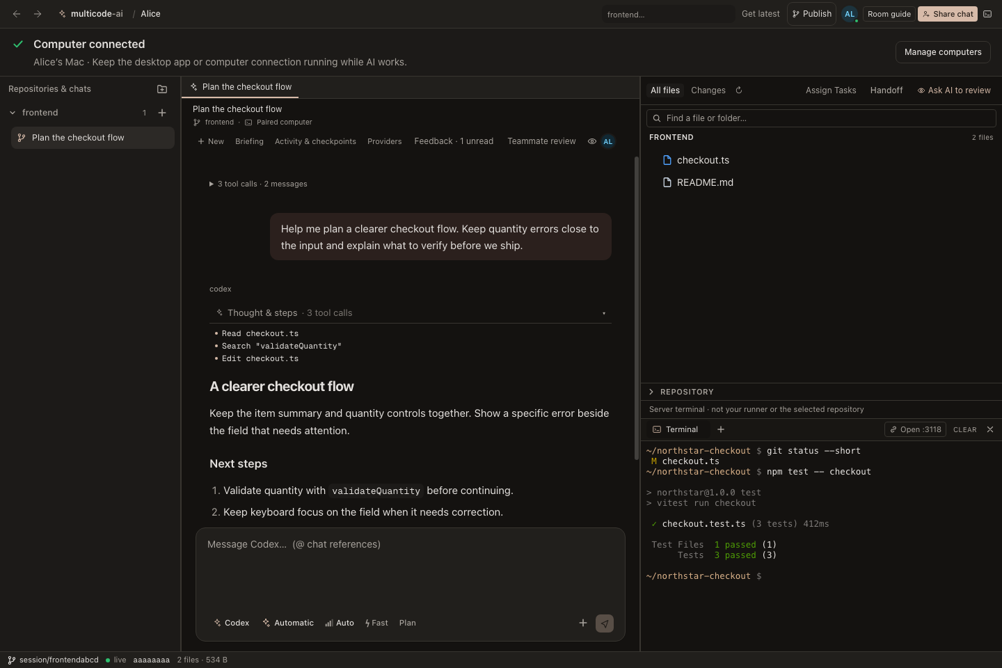 The current four-panel room interface with a sample saved AI conversation and composer.