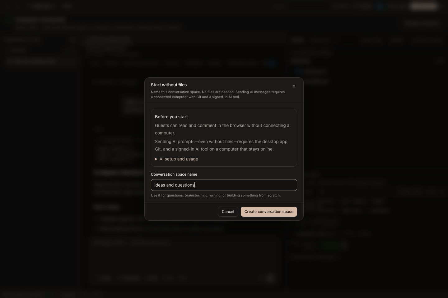 Create a named conversation space without uploading a repository.