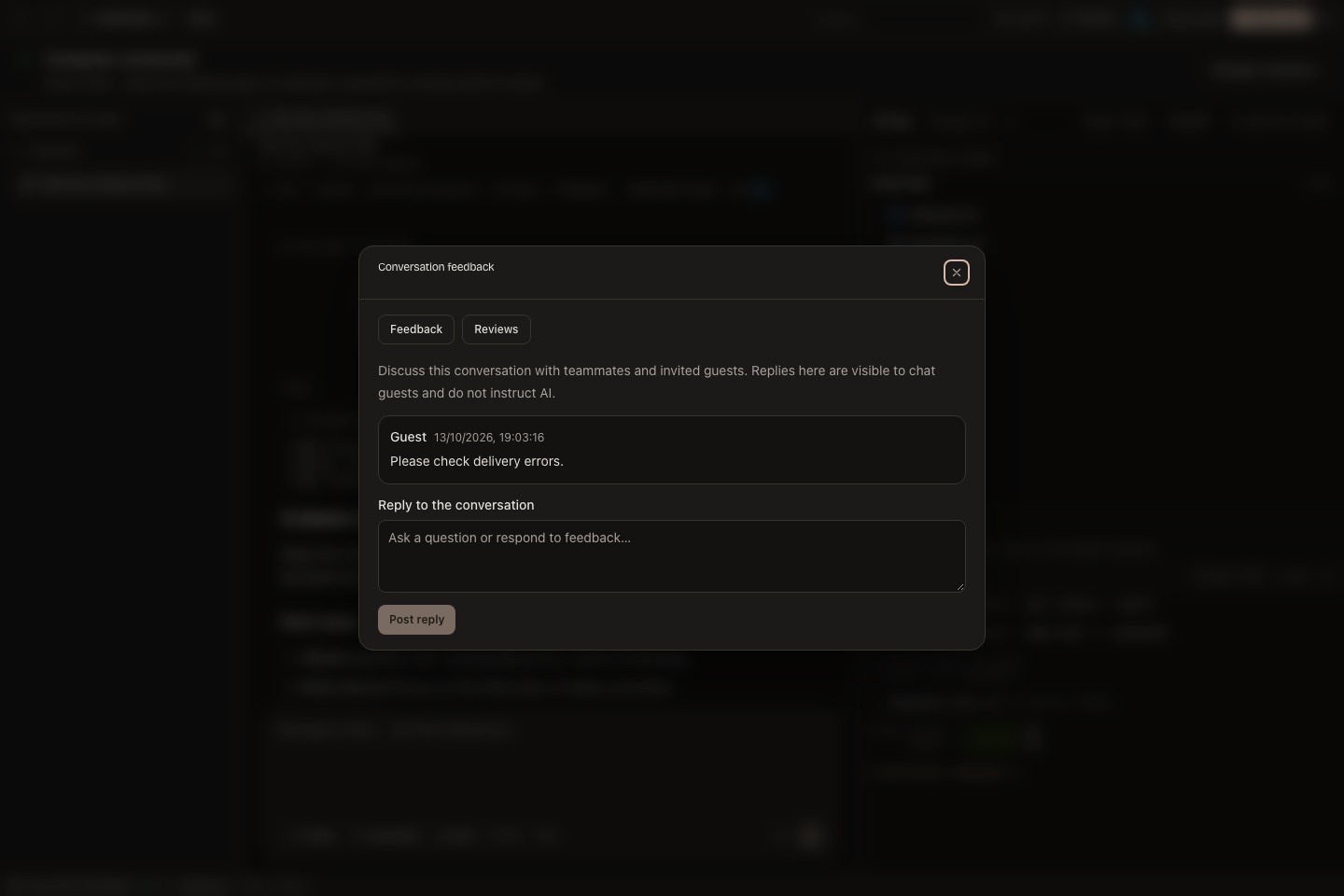 The feedback panel showing a sample guest comment and reply composer.