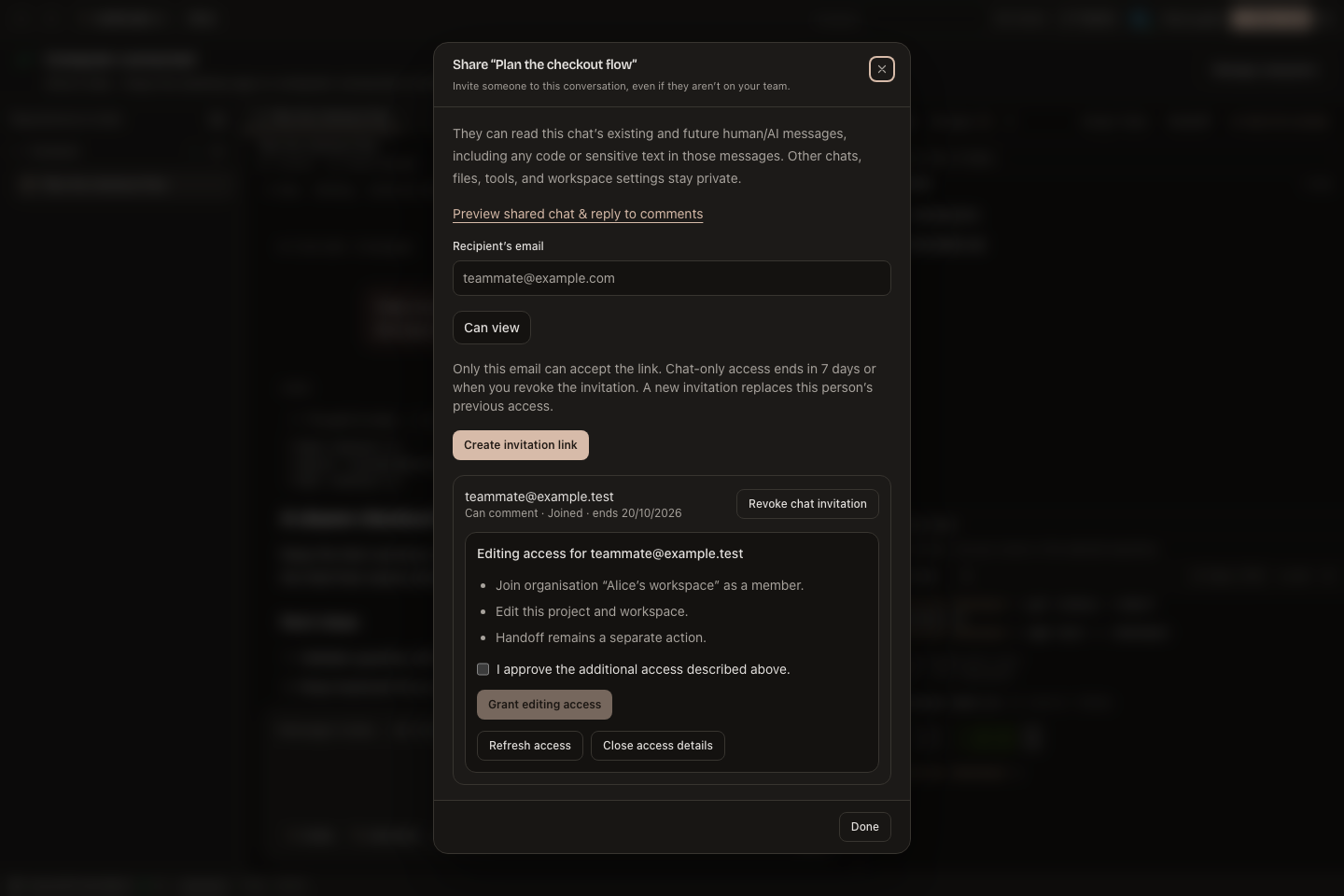 An explicit preview of the additional permissions needed for an accepted guest to help with code.