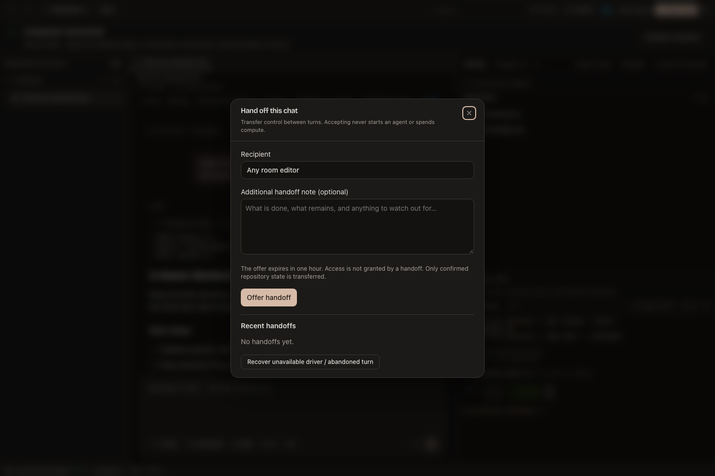 The handoff dialog with a briefing, recipient selection, and optional note.