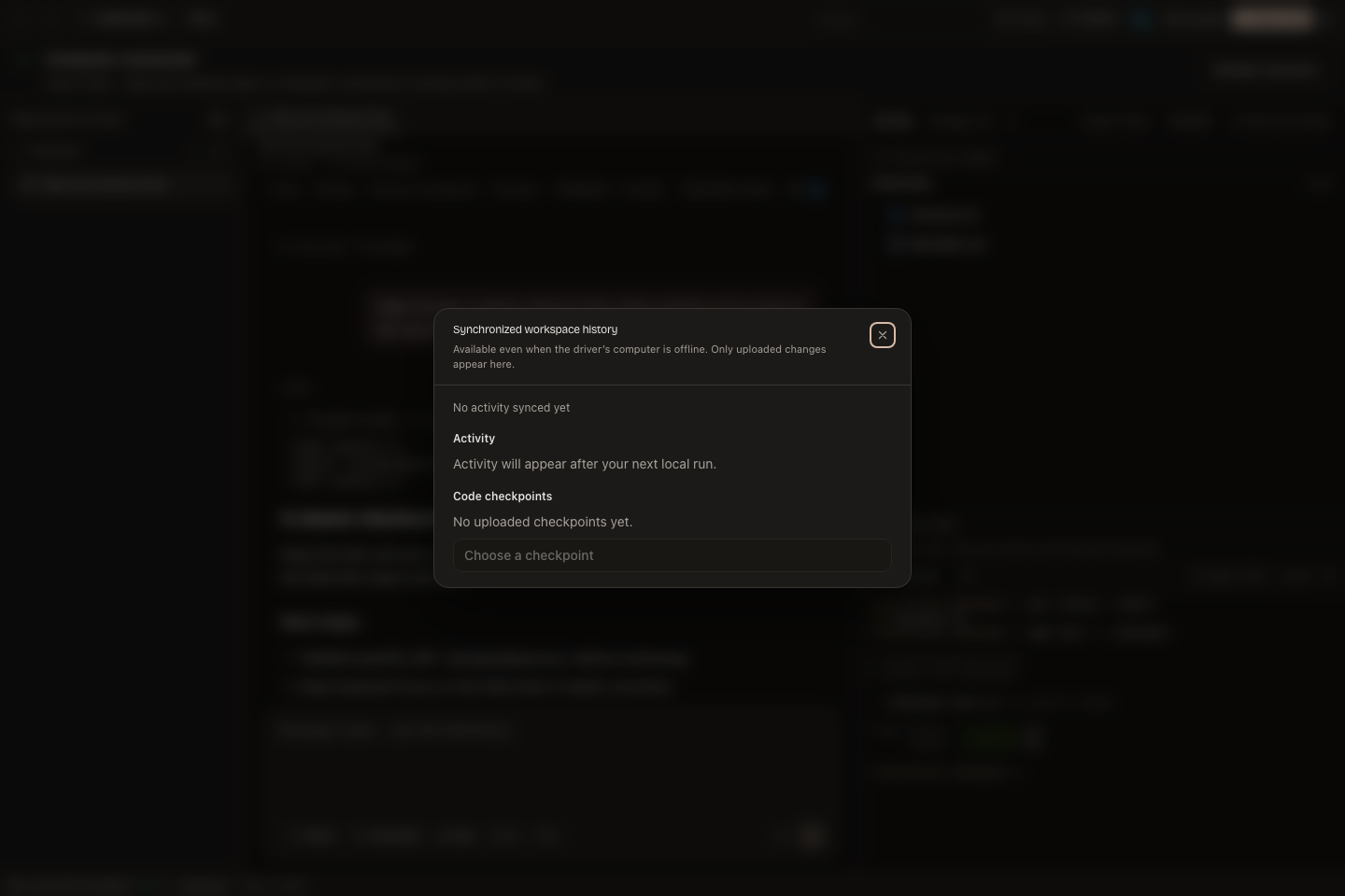 The Synchronized workspace history dialog and code checkpoint picker.