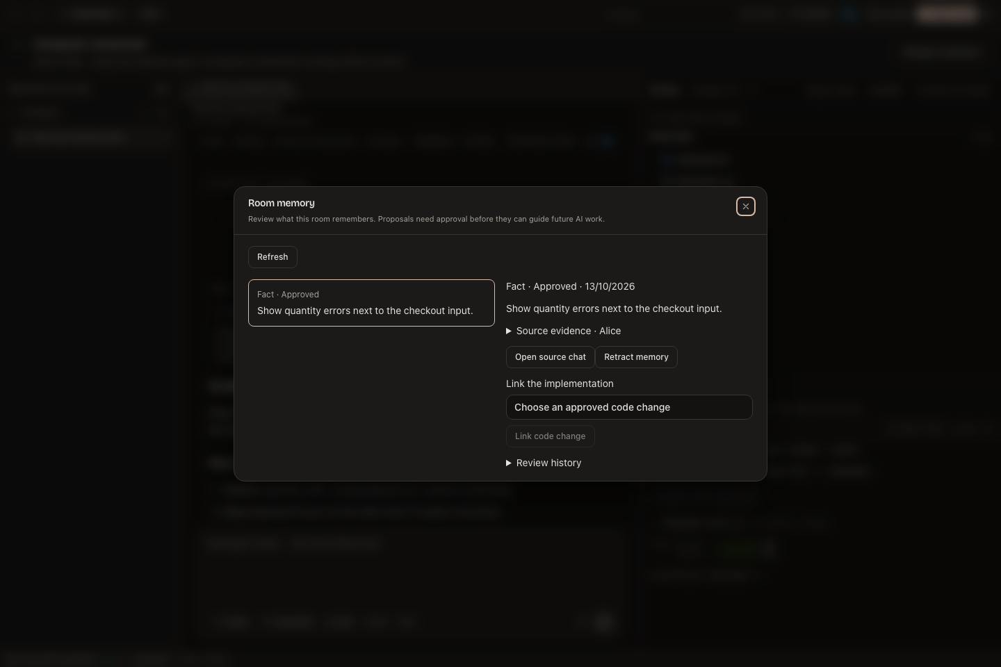 The Room memory dialog for inspecting records and their source evidence.