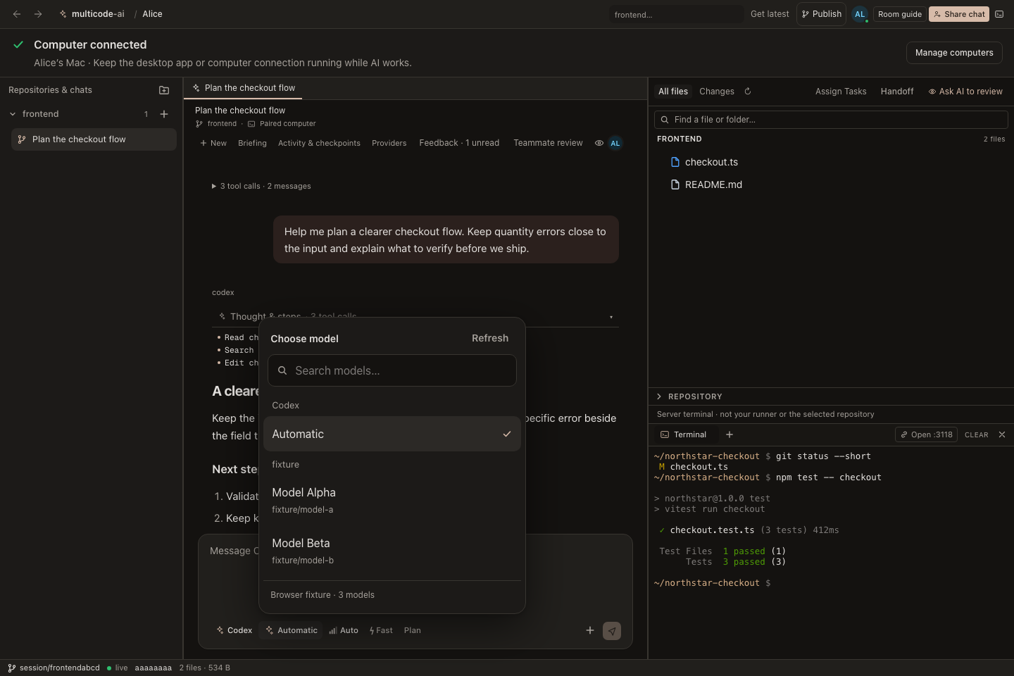 The searchable model picker above the AI composer; the listed models are sample data.