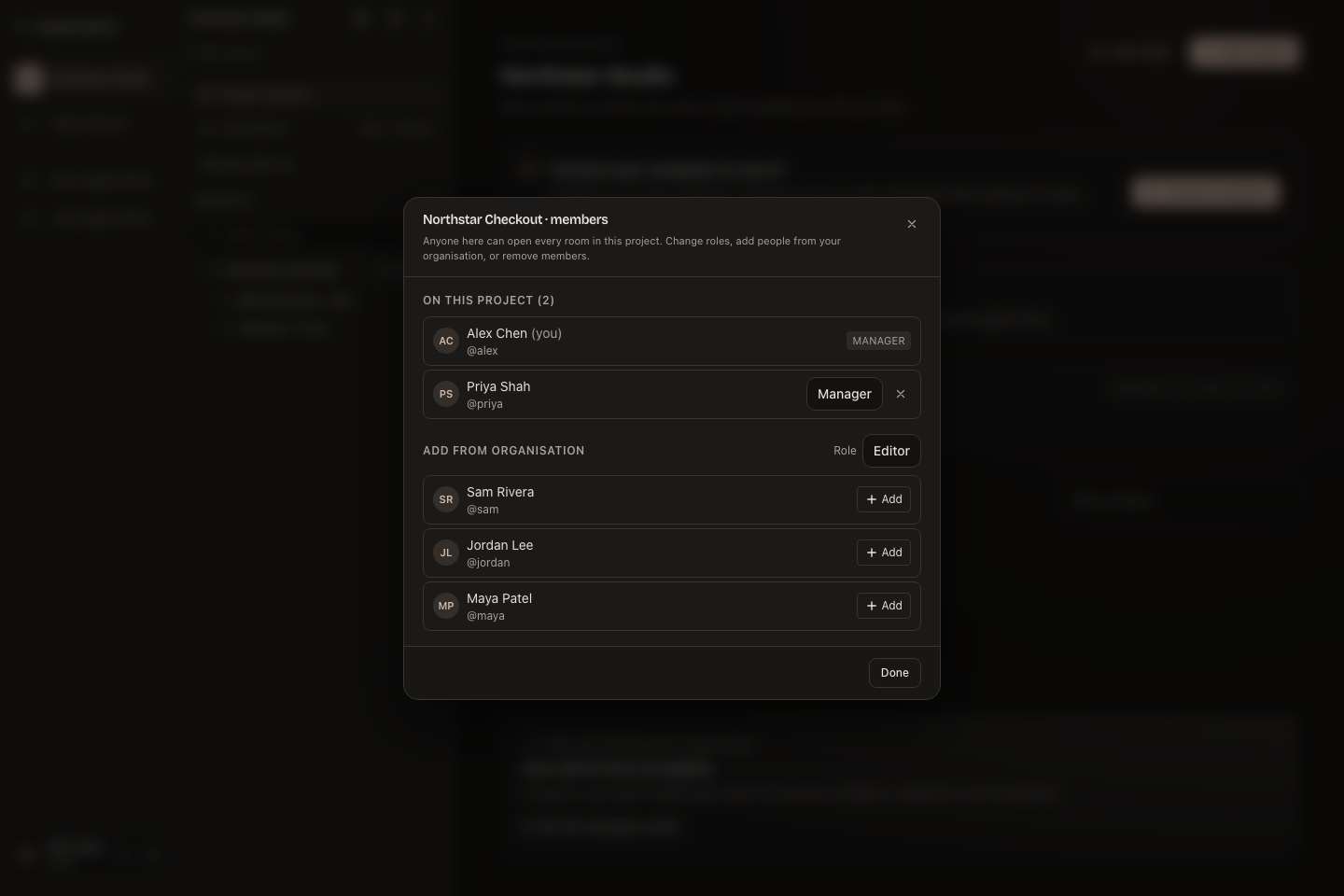 The project membership dialog with role controls and Add from organisation.