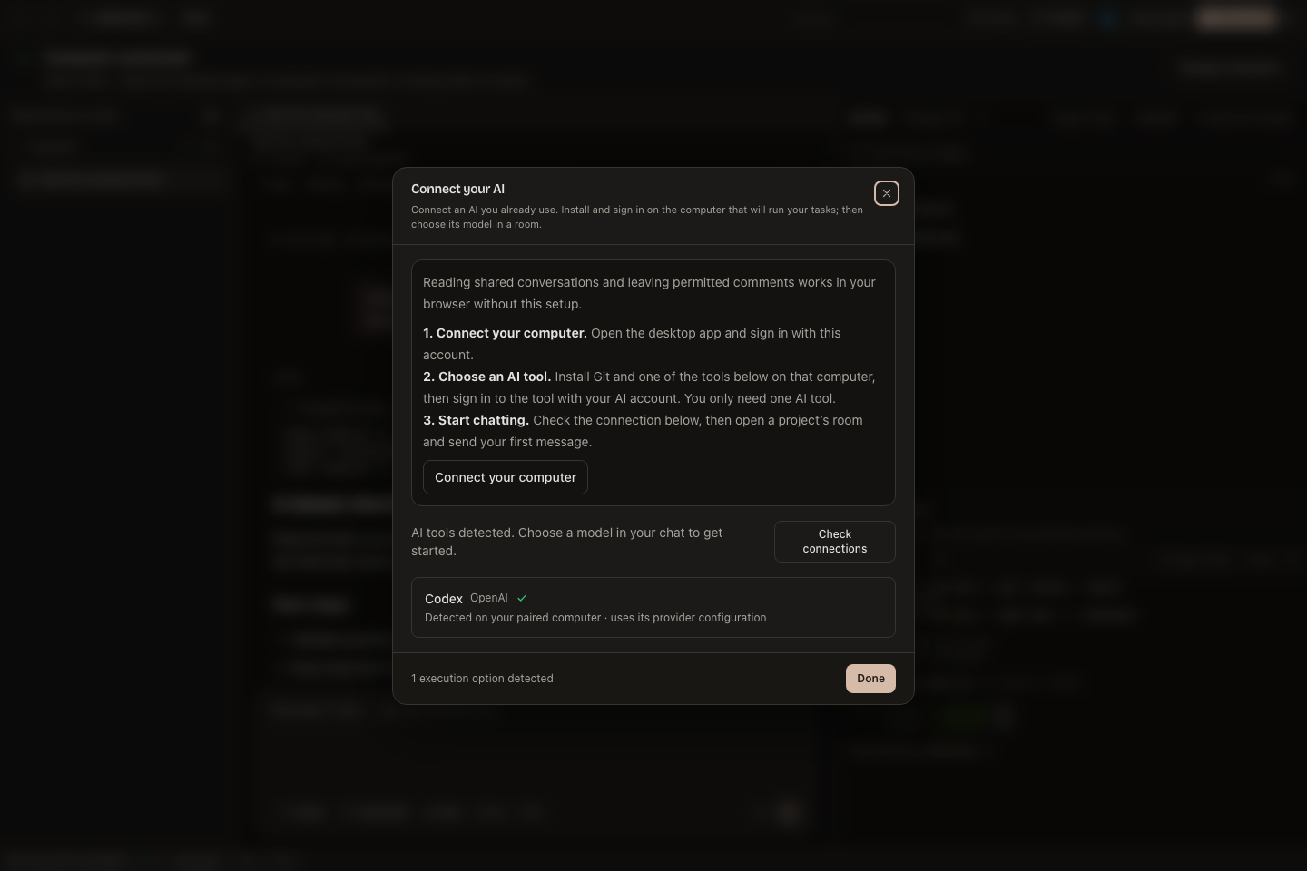 The Connect your AI dialog showing installation and connection status.