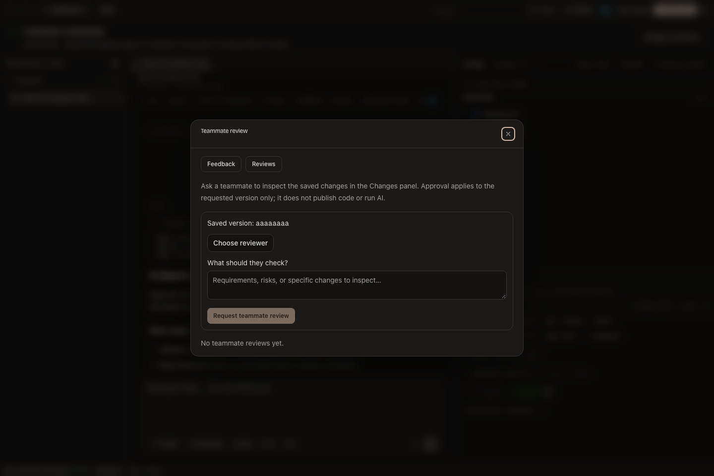 The teammate review panel with a saved version, reviewer picker, and request note.