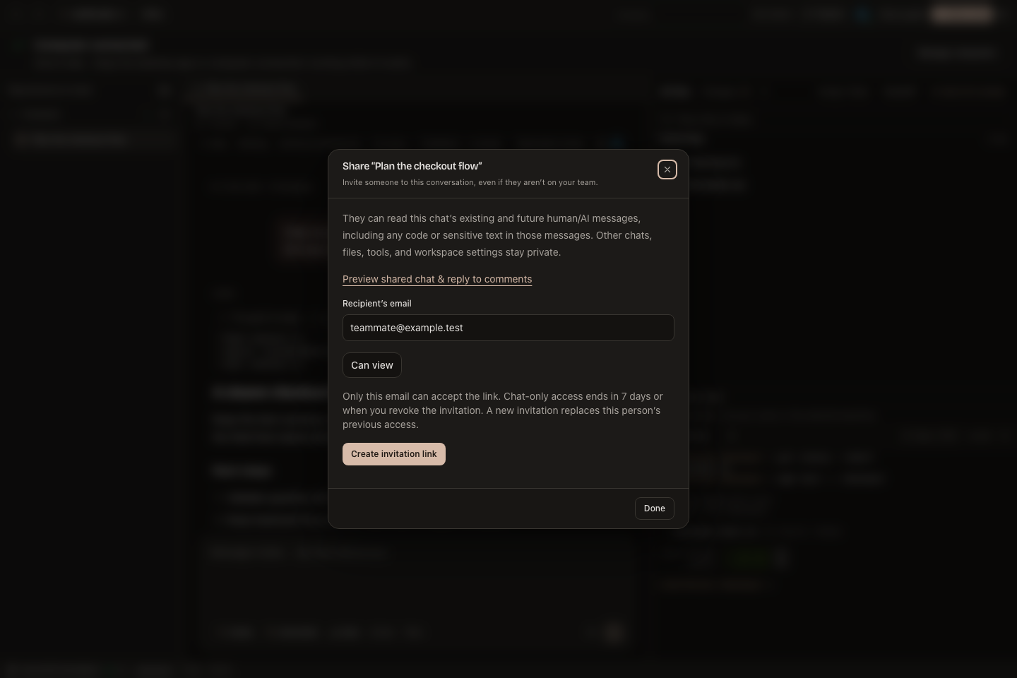 The Share chat dialog with an email field and guest permission picker.